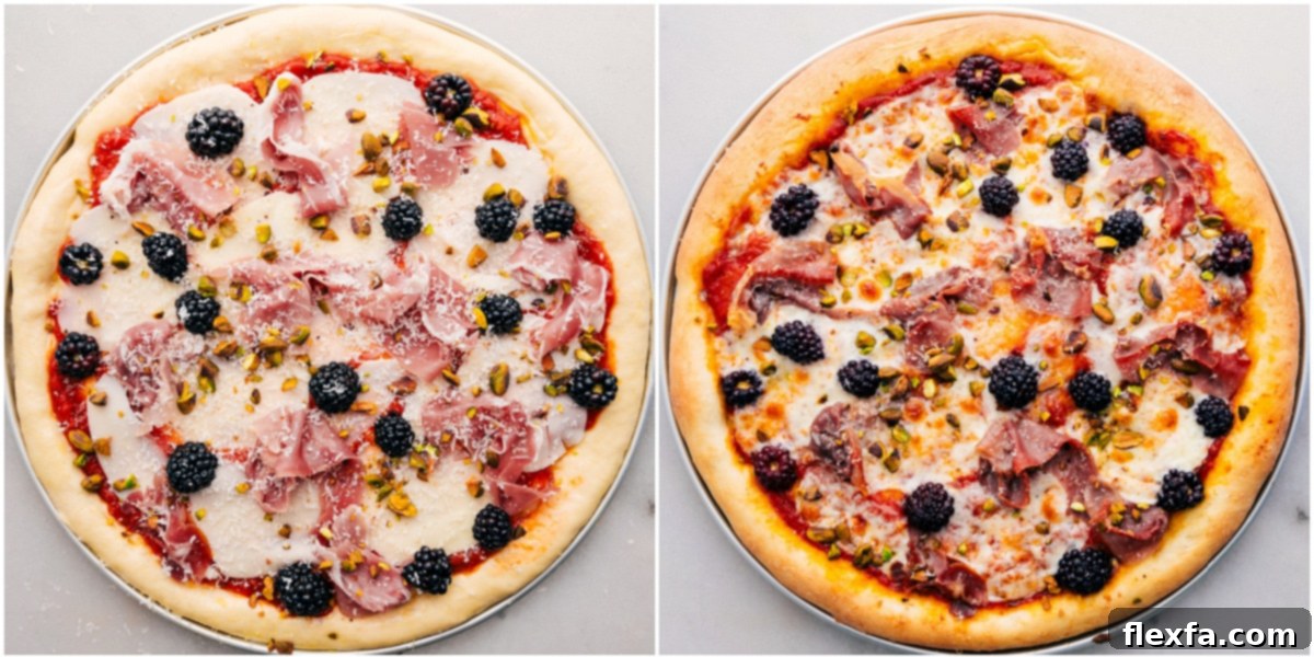 Sweet and Savory Blackberry Basil Pizza 2 The Blackberry Basil Pizza being carefully topped with all the delicious ingredients before it goes into the oven to bake to golden perfection.