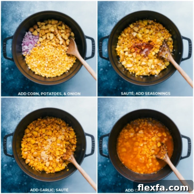 Potato Corn Chowder combines the best of summer produce -- sweet corn with fresh basil and pesto! This hearty, creamy, thick soup is simple to make and a total crowd pleaser! Recipe via ChelseasMessyApron.com #dinner #quick #easy #simple #best #creamy #summer #potato #corn #chowder A series of process shots showing the initial steps of making Potato Corn Chowder: adding corn, potatoes, and onion to a large pot; sautéing them; adding seasonings; then adding garlic and chicken or vegetable stock.