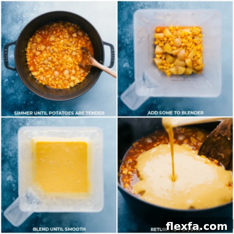 Potato Corn Chowder combines the best of summer produce -- sweet corn with fresh basil and pesto! This hearty, creamy, thick soup is simple to make and a total crowd pleaser! Recipe via ChelseasMessyApron.com #dinner #quick #easy #simple #best #creamy #summer #potato #corn #chowder Process shots showing how to thicken the chowder: simmer until potatoes are tender; transfer some of the mixture to a blender; process until smooth; return to the pot and mix in.