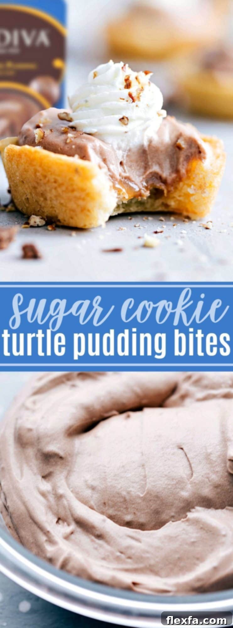 The ultimate BEST EVER TURTLE PUDDING BITES made in a sugar cookie cup! Only SIX ingredients! chelseasmessyapron.com #dessert #sugar #cookie #pudding #bites #turtle #easy #quick #familyfriendly #popular