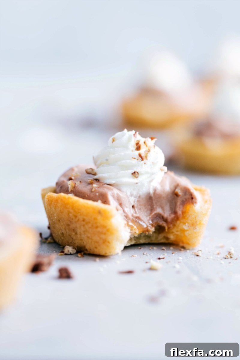 Close-up of a single Sugar Cookie Turtle Pudding Bite, showing the fluffy piped whipped cream and finely chopped pecan topping, ready to be enjoyed.