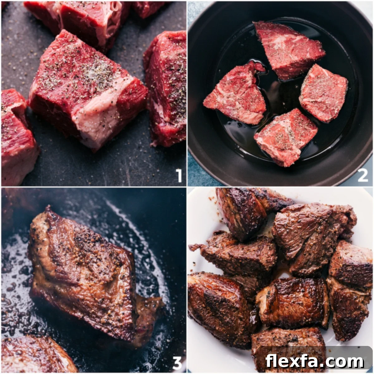 Sear the beef in a pot, then add it to the slow cooker.