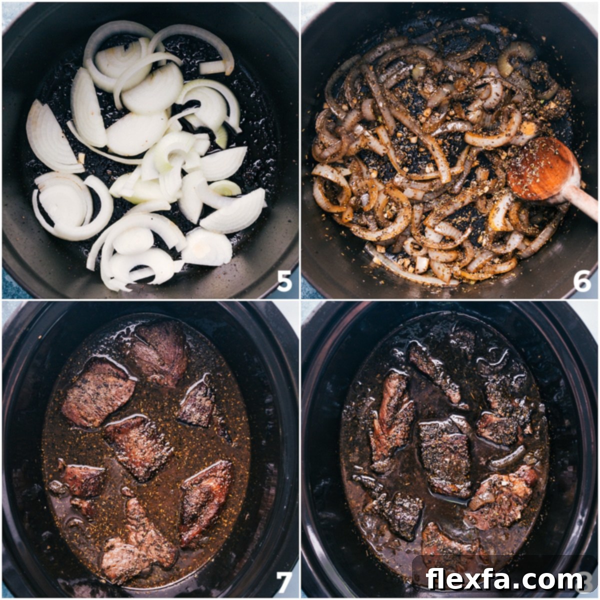 Sauté the onions and garlic, then add them to the slow cooker with the beef and broth for this crockpot roast recipe.