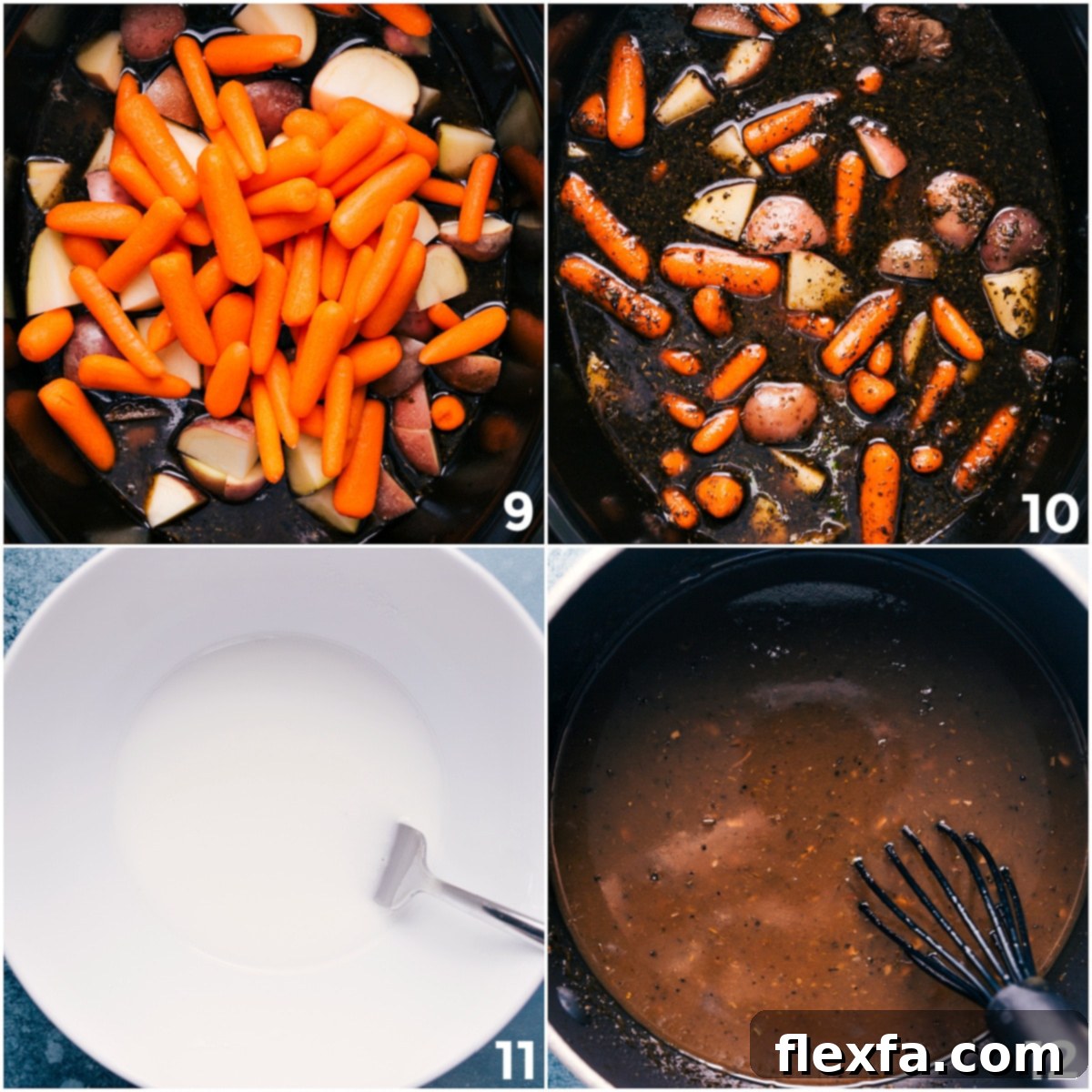 Add carrots and potatoes, then prepare the slurry/broth and pour it into the slow cooker.