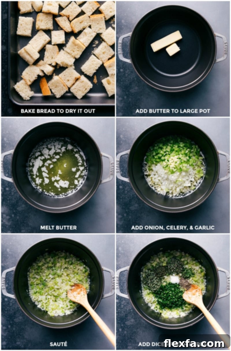 Prepping Dressing: Drying Bread & Sautéing Aromatics Bread baking in the oven to dry out, while butter, diced yellow onions, celery, and fresh herbs are being cooked in a large pot on the stovetop.