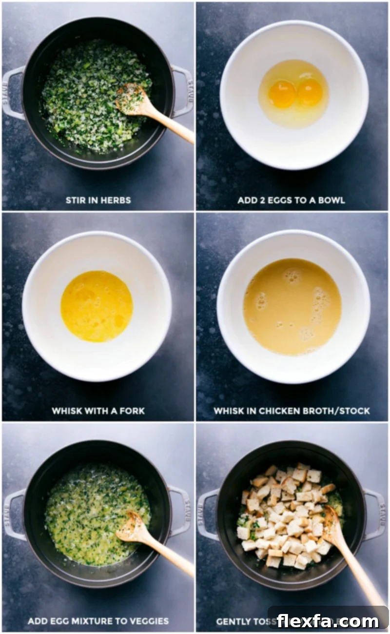 Combining Ingredients for Sourdough Dressing Mixing egg and broth mixture with cooked veggies, then adding dried sourdough bread for Thanksgiving dressing.