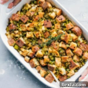 Sourdough Thanksgiving Dressing, golden brown and perfectly baked.