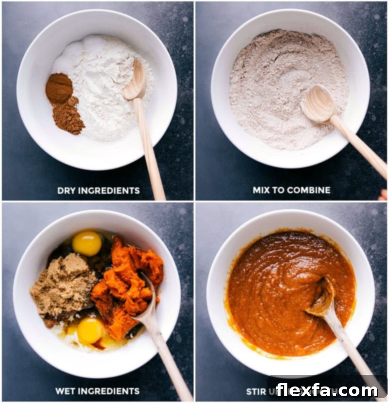 Preparing Pumpkin Bread - Mixing Wet and Dry Ingredients A step-by-step visual of mixing wet and dry ingredients separately, essential for the delicious pumpkin bread recipe.