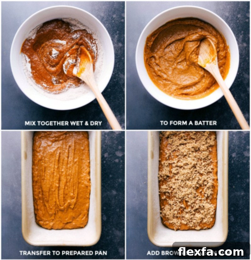 Batter for Pumpkin Bread - Pouring and Topping Stages of making pumpkin bread: mixing the batter until smooth, pouring it into a prepared loaf pan, and sprinkling the top with brown sugar before baking.