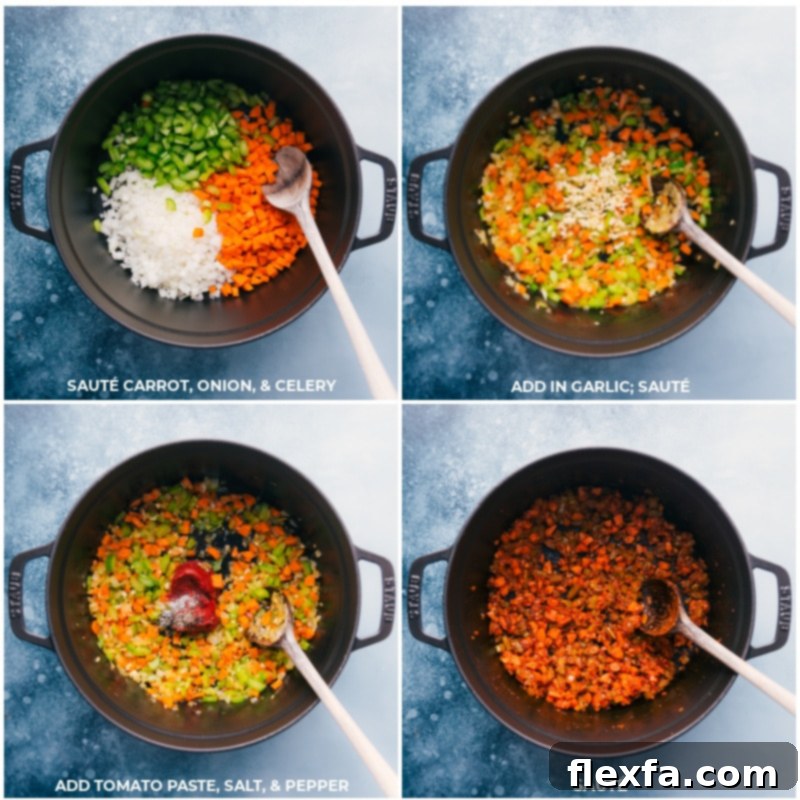 A step-by-step image showcasing the initial sautéing of vegetables, followed by the addition of garlic, tomato paste, salt, and pepper, all contributing to the foundational flavor of the minestrone soup.