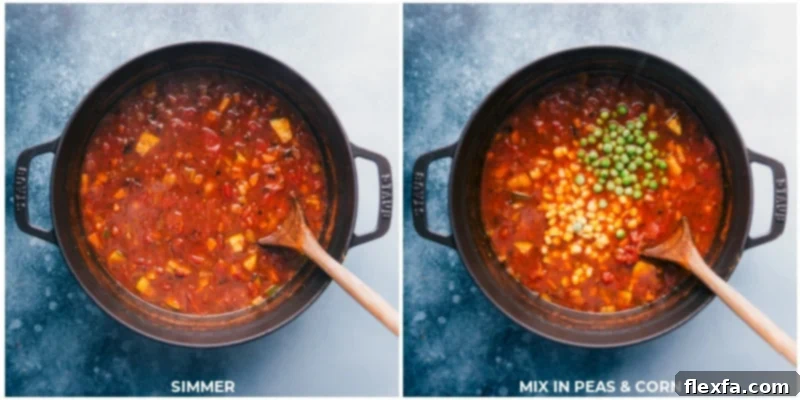 The delicious Olive Garden Minestrone Soup Recipe simmering gently in a pot, with frozen peas and corn being stirred in to finish the dish, promising a vibrant and flavorful meal.