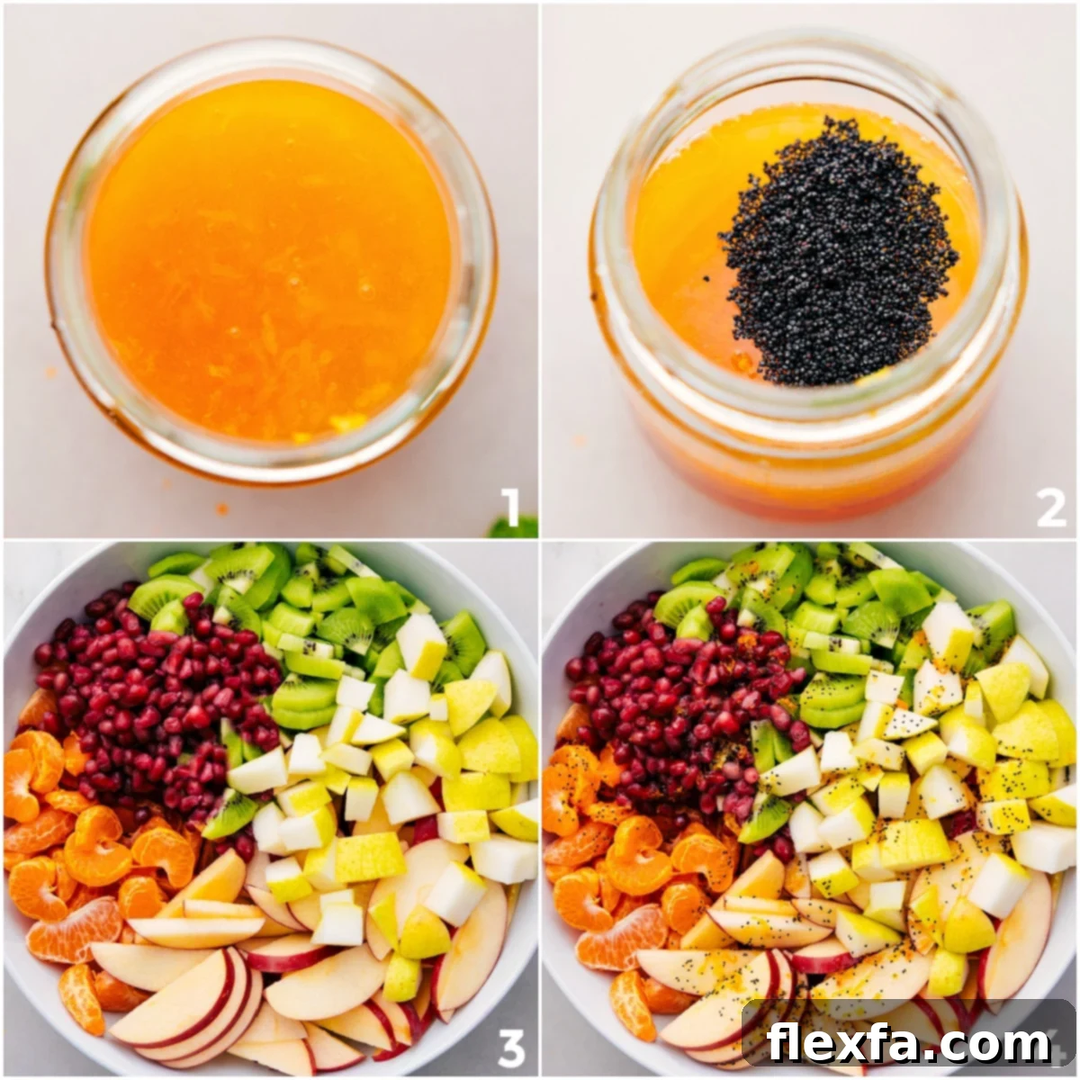 A mason jar filled with the vibrant yellow poppy seed dressing, being elegantly drizzled over a large, colourful bowl of Winter Fruit Salad. The fruits are gently tossed, ensuring an even coating of the zesty dressing.
