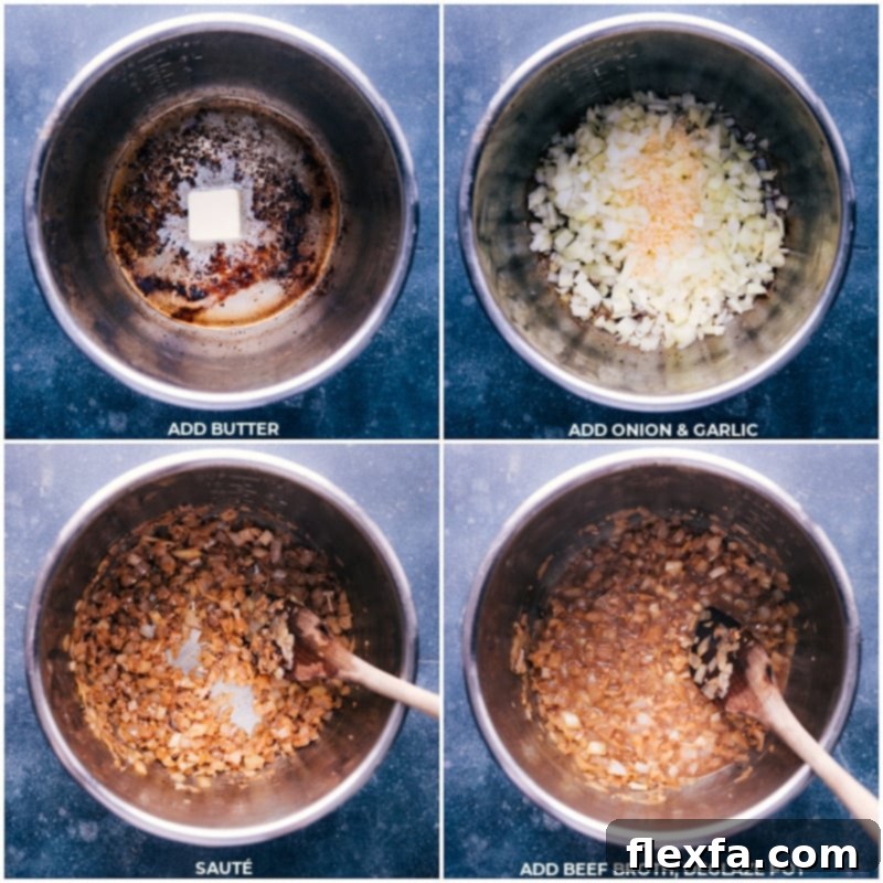 Process shots of beef stroganoff-- images of the butter, onion, garlic, and beef broth being added to the instant pot