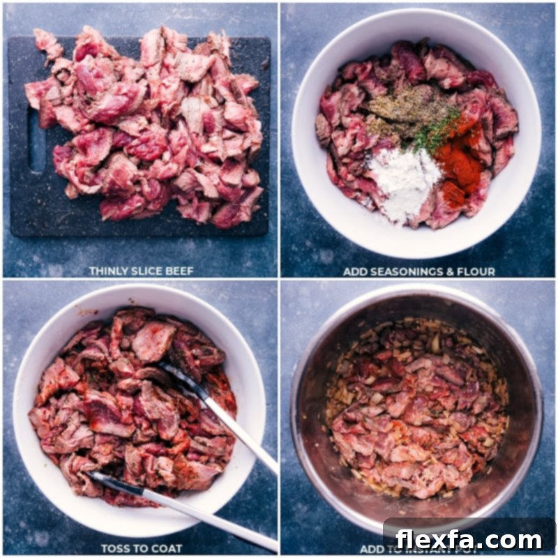 Process shots-- images of the beef being thinly sliced and then being mixed with seasonings and flour and it all being added to an instant pot