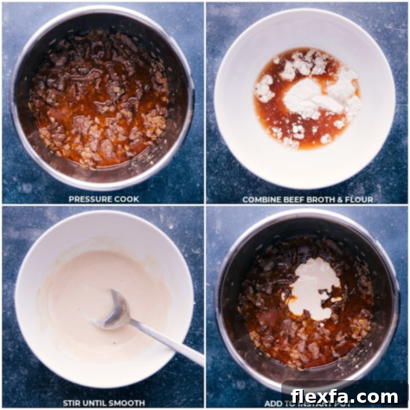 Process shots of beef stroganoff-- images of the meat being pressure cooked and then beef broth and flour being mixed together and it all being mixed together