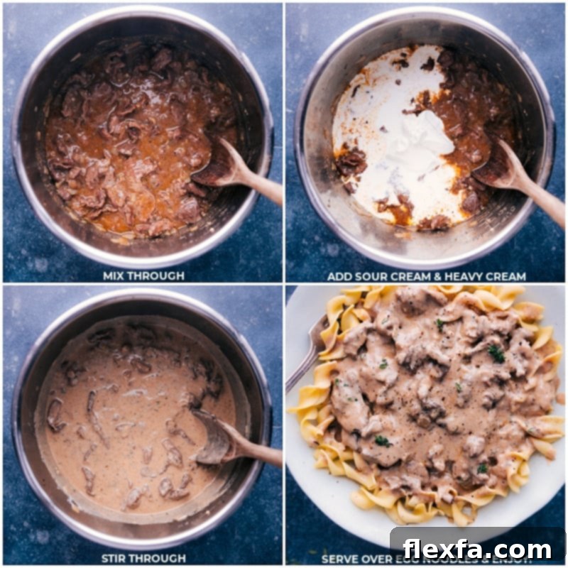 Process shots-- images of the sour cream and heavy cream being added to the instant pot