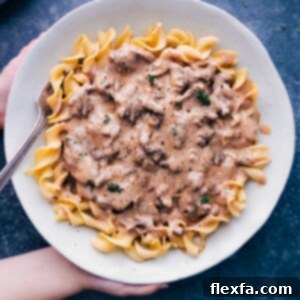 A bowl of creamy Beef Stroganoff with egg noodles, garnished with fresh herbs.
