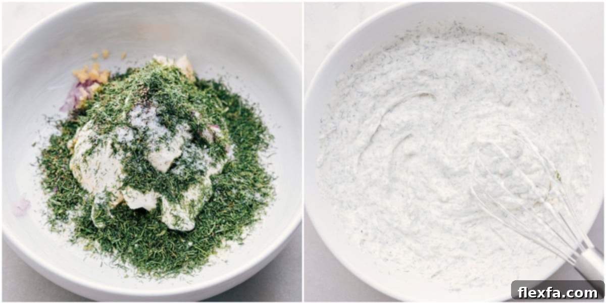 All the creamy ingredients for the veggie dip, including sour cream, mayonnaise, ranch seasoning, grated red onion, minced garlic, and dill, have been added to a large glass mixing bowl. A silver whisk is actively blending the mixture until it reaches a perfectly smooth and uniform consistency.