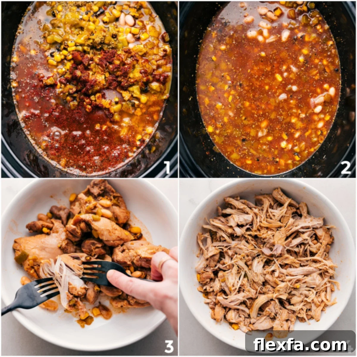 Cooking process of Crockpot White Chicken Chili, showing all the ingredients combined in the slow cooker before shredding the chicken.