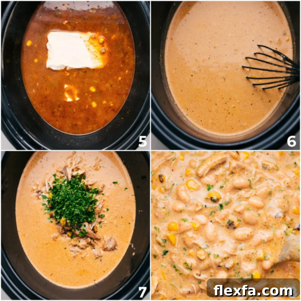 A close-up of creamy Crockpot White Chicken Chili in the slow cooker, with shredded chicken and fresh herbs being stirred in.