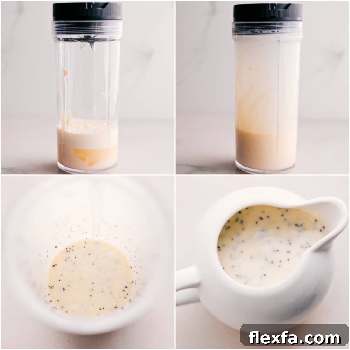 The creamy poppyseed dressing, now blended and with poppyseeds added, is shown in a small bowl, ready to be drizzled over the salad.