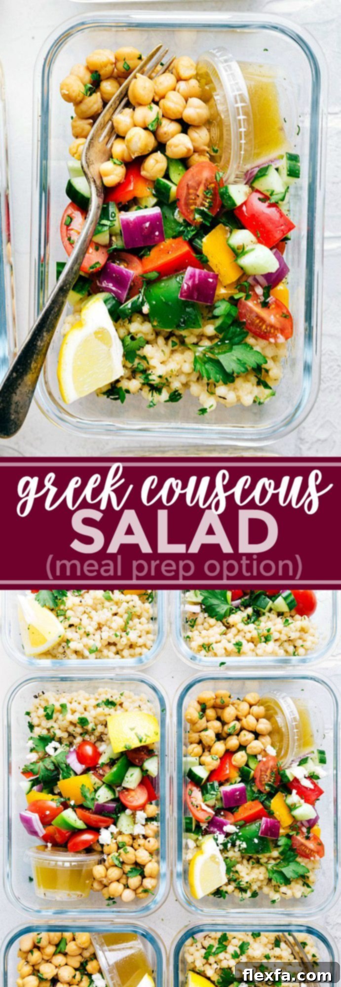 A delicious and healthy Greek couscous salad that everyone will go crazy for! (Meal prep options and tips included) via chelseasmessyapron.com | #healthy #salad #couscous #vegetables #vegetarian #Greek #delicious #easy #kidfriendly #quick