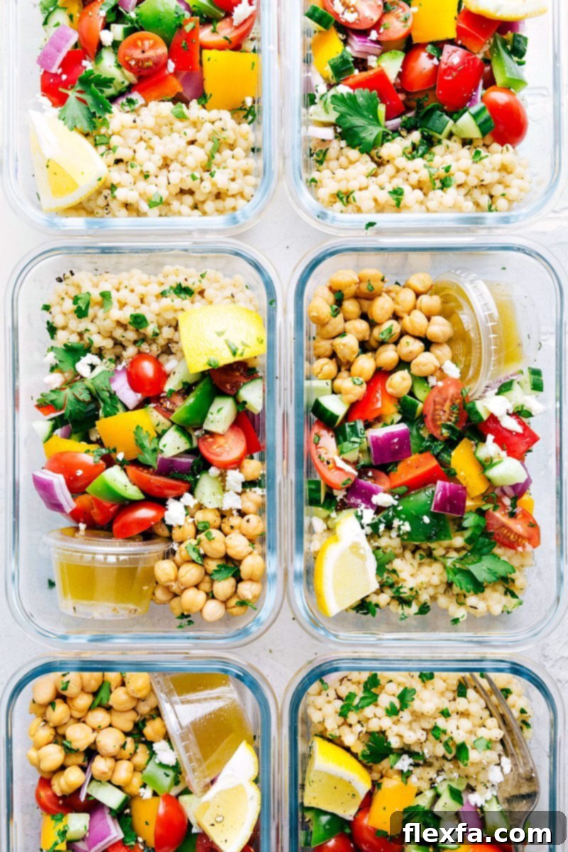 6 different meal prep containers of dinner for the next week with ideas on how to assemble it all.