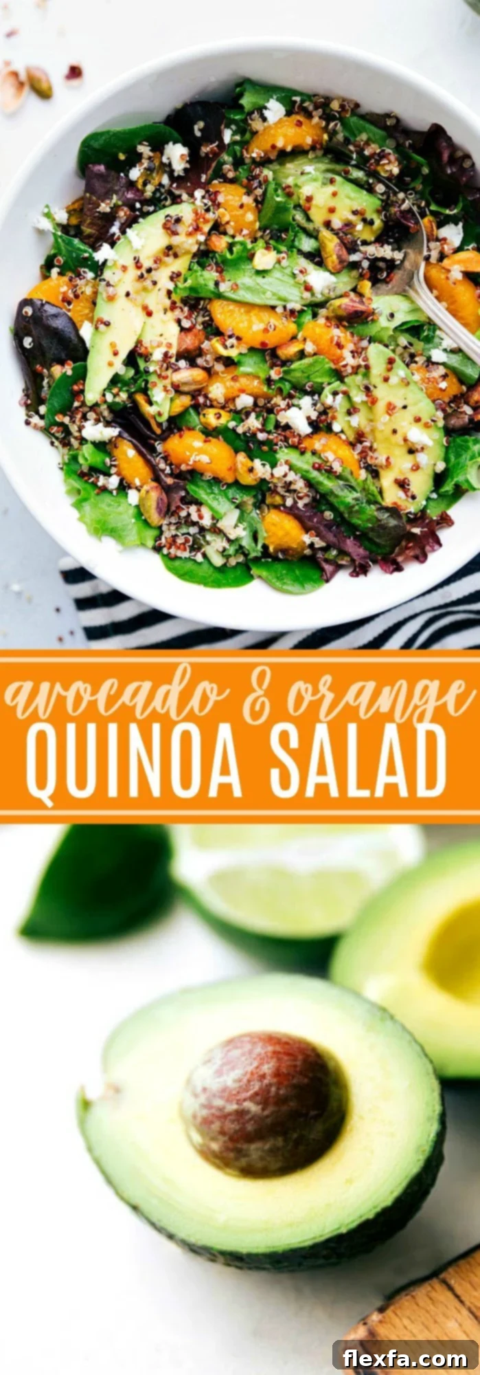 Delicious powerhouse Avocado Quinoa Salad with the best healthy dressing, featuring quinoa, mixed greens, avocado, and oranges for a nutritious and easy meal.