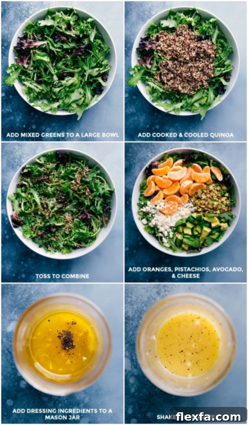 Step-by-step process images illustrating the assembly of Citrus Quinoa Salad: individual components like mixed greens, fluffy quinoa, vibrant orange segments, crunchy pistachios, creamy avocado, and crumbled cheese are shown, alongside the preparation of the homemade citrus dressing.