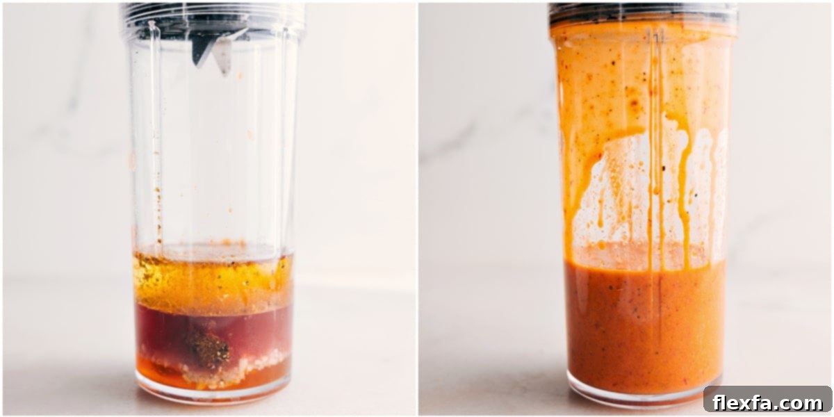 Chipotle-lime vinaigrette blending in a small blender, showing consistency before and after mixing to a smooth texture.
