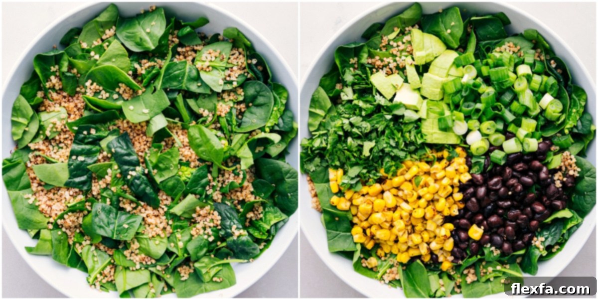 Quinoa tossed with fresh spinach, followed by corn, black beans, and other ingredients added on top, ready for dressing.