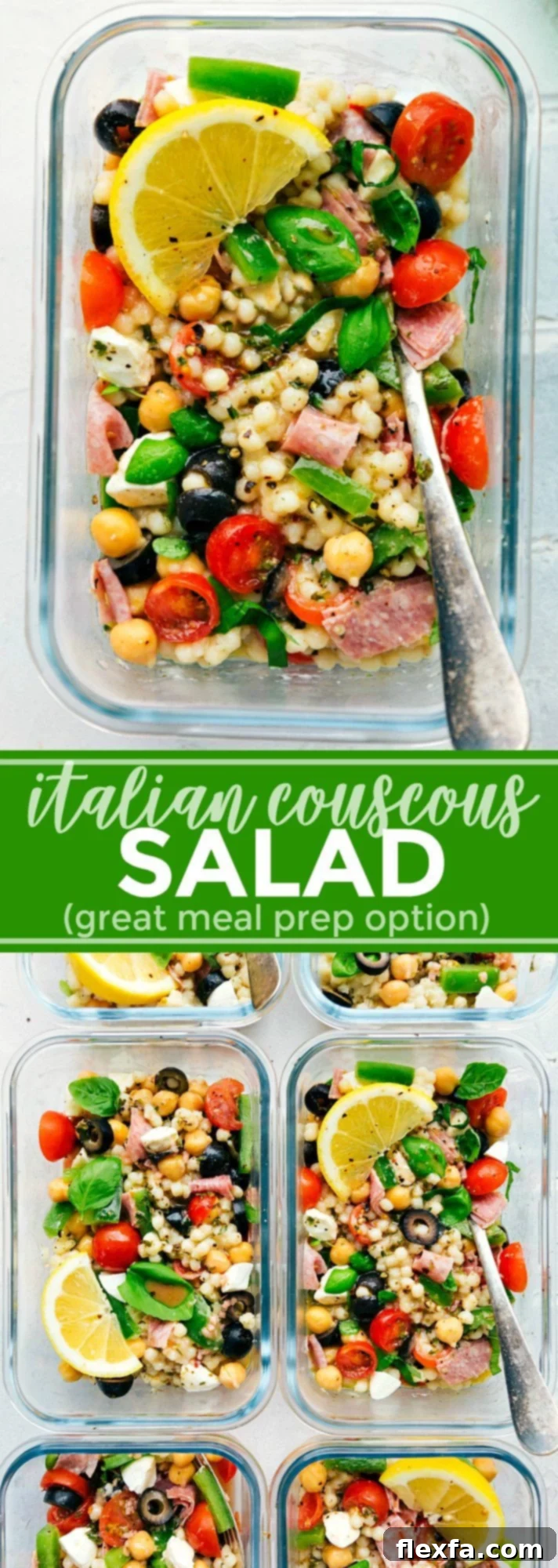 A vibrant and healthy Italian Couscous Salad perfect for meal prep, featuring fresh vegetables, salami, mozzarella, and a tangy dressing.