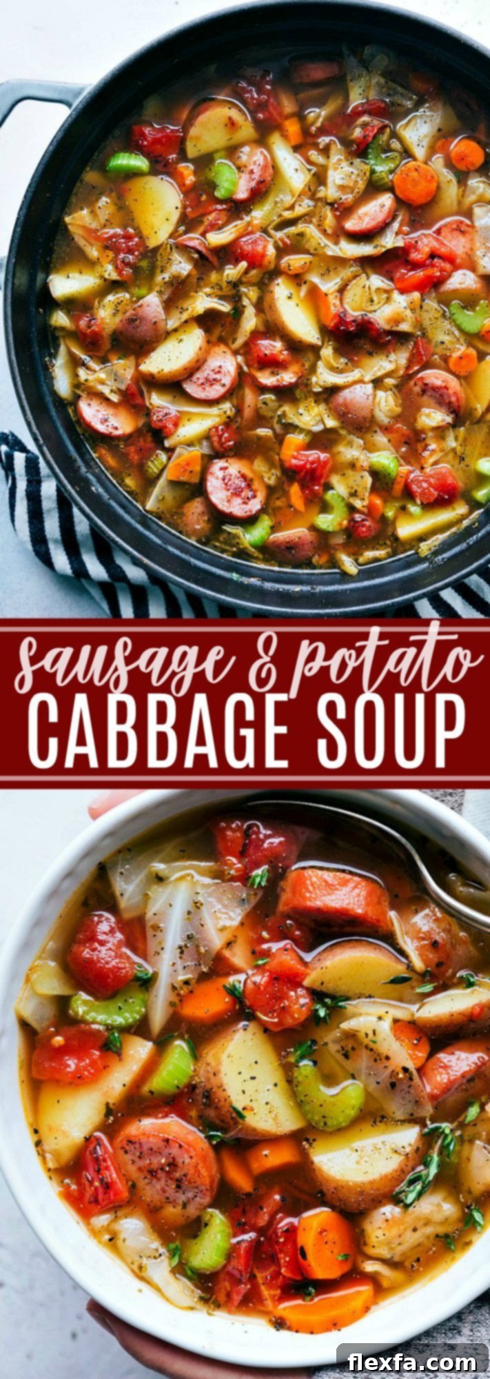 Hearty Sausage Cabbage and Potato Soup 2 A thick and hearty sausage, potato, and cabbage soup; a healthy recipe that is packed with flavorful ingredients! chelseasmessyapron.com | #cabbage #soup #sausage #healthy #easy #quick #cabbagesoup #celery #carrots #potatoes
