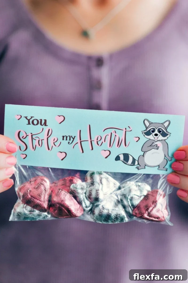 Effortless Valentine's Day Presents 4 Close up of 'You Stole My Heart' Chocolate Candy Hearts bag with printable topper, featuring a raccoon graphic