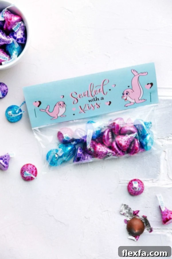Effortless Valentine's Day Presents 5 Close up of 'Sealed With A Kiss' Hershey's Chocolate Kisses bag with printable topper