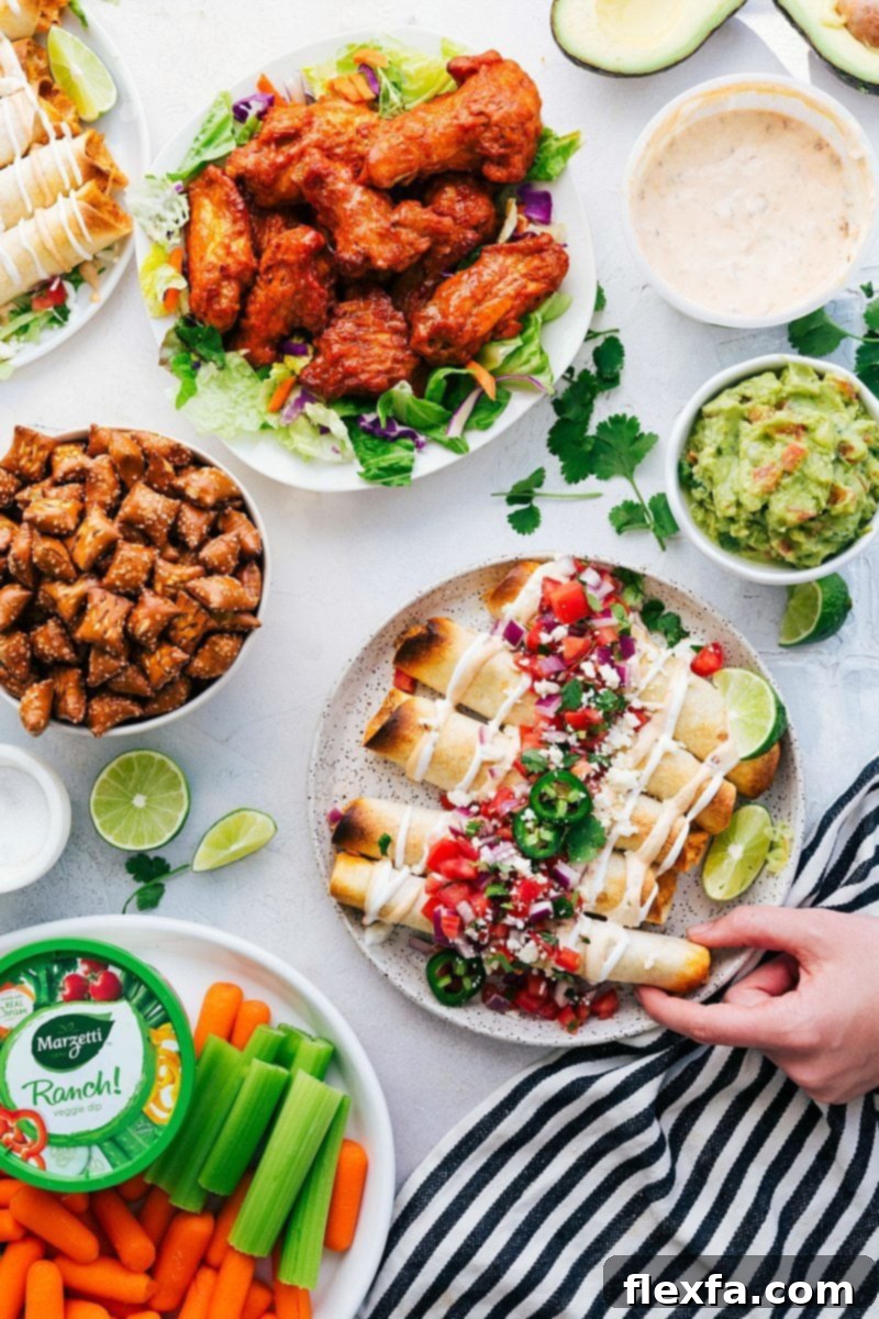 Golden-brown, crispy baked chicken taquitos arranged on a white serving platter, ready to be enjoyed.