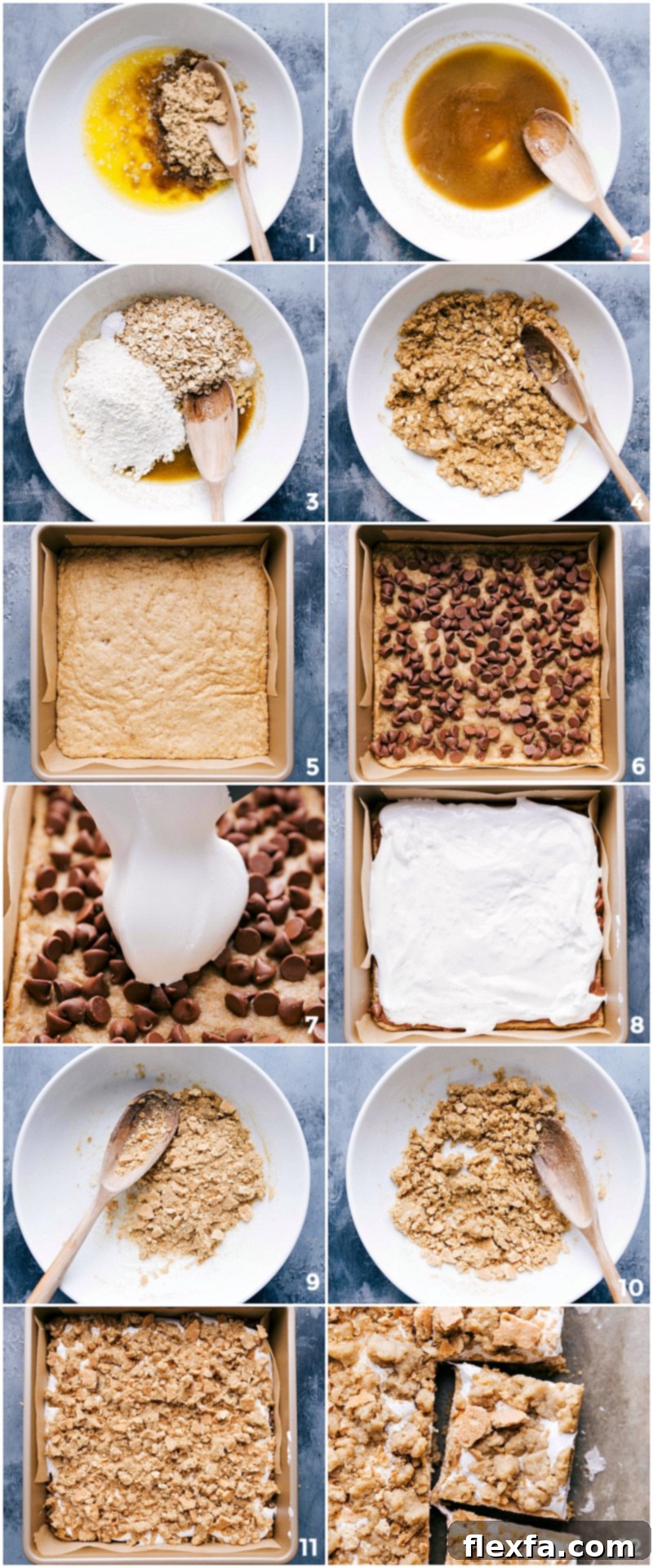 A step-by-step visual guide showing the process of making S'mores Cookie Bars, from mixing the dough to layering with chocolate and marshmallow, and finally baking the finished bars.