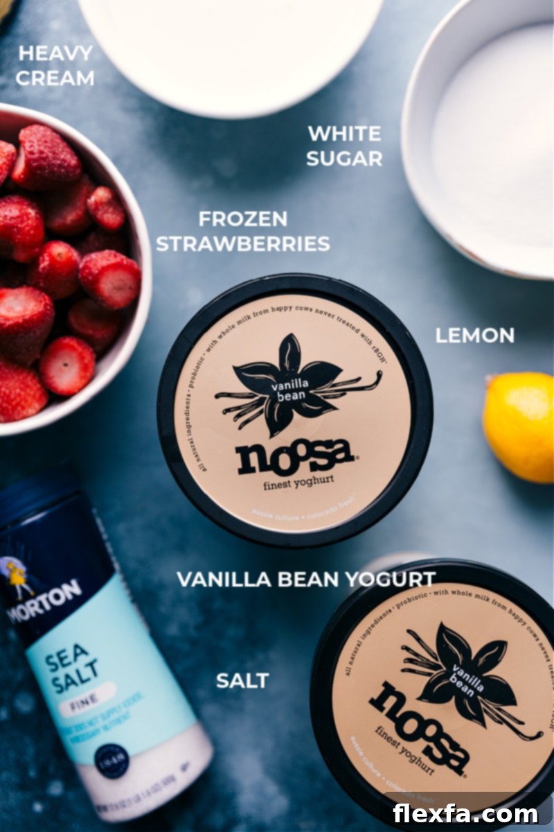Ingredients laid out for Strawberry Frozen Yogurt: vanilla yogurt, heavy cream, granulated sugar, frozen strawberries, lemon juice, salt, and vanilla extract.