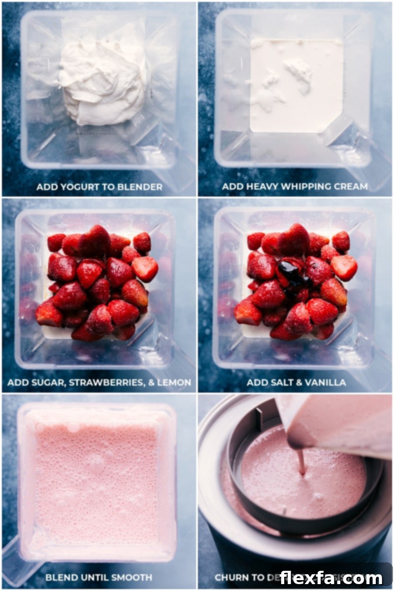 Process shots of making Strawberry Frozen Yogurt: blending ingredients, pouring into ice cream maker, and ready to serve.