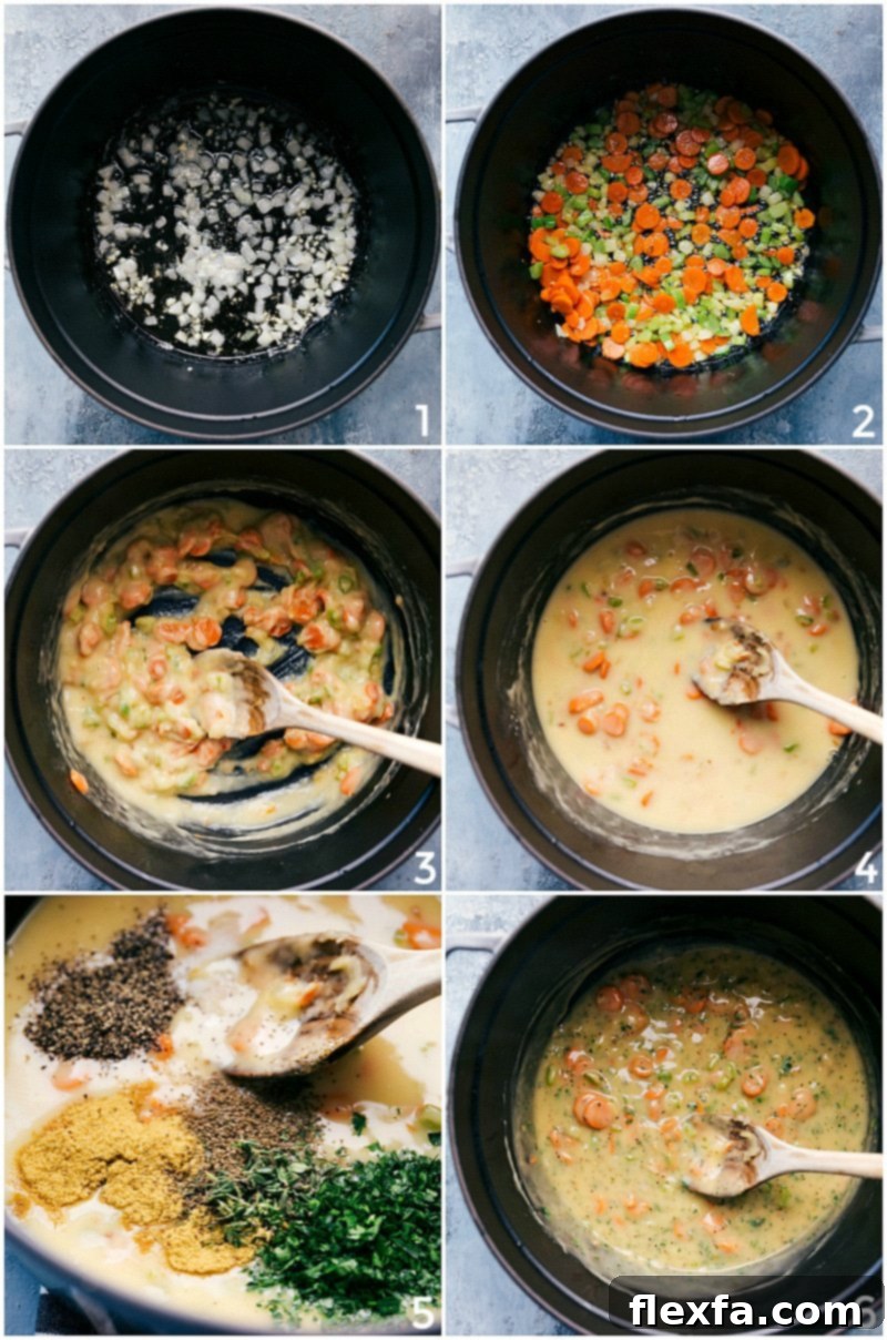 Preparing Filling: Cooking Veggies, Making Cream Base, Mixing Ingredients A step-by-step visual guide showing vegetables being cooked, the creamy sauce base being prepared, and all ingredients expertly mixed together to form the chicken pot pie filling.