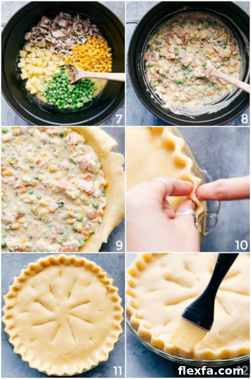 Preparing Pie: Adding Filling to Crust, Brushing with Butter, Ready to Bake The process of assembling the chicken pot pie, showing the creamy filling being added to the bottom crust, followed by the top crust being carefully placed and brushed with egg wash, ready for baking.