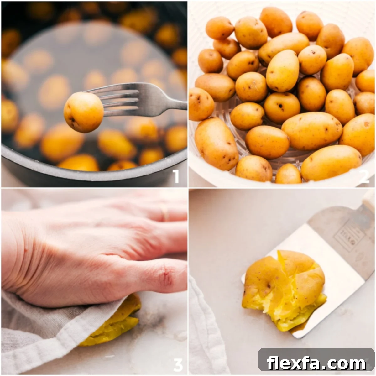 Baby gold potatoes being boiled and then smashed on a cutting board, a key step for this Sausage Potato Broccoli Sheet Pan.