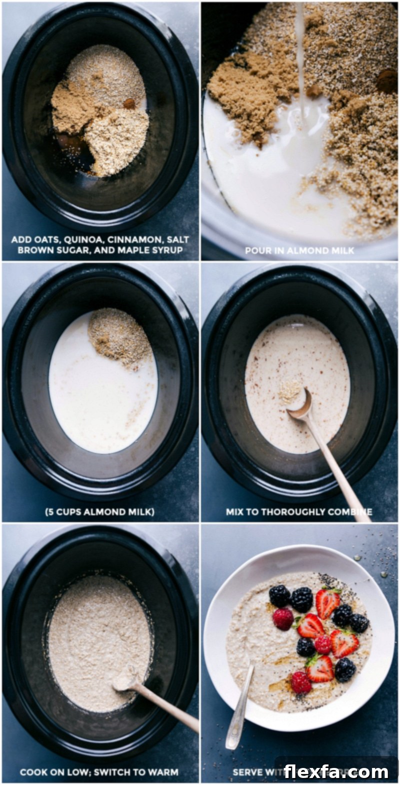 Preparing Overnight Steel-Cut Oatmeal: Ingredients in Slow Cooker, Cooking on Low All ingredients being carefully added to a slow cooker, then mixed together, and finally set to cook on a low setting for a perfect overnight breakfast.