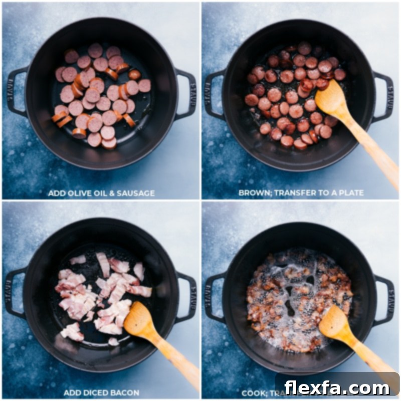 Close-up of the one-pot meal with crispy bacon bits on top, showcasing the rich textures of cabbage, potatoes, and sausage.