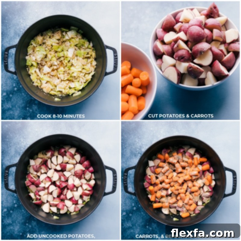Overhead view of the one-pot cabbage, potatoes, and sausage dish in a rustic pot on a wooden surface, ready to be served.