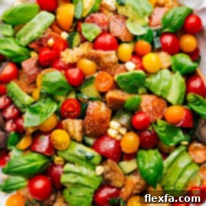 Panzanella Salad with a summary of ingredients and instructions.