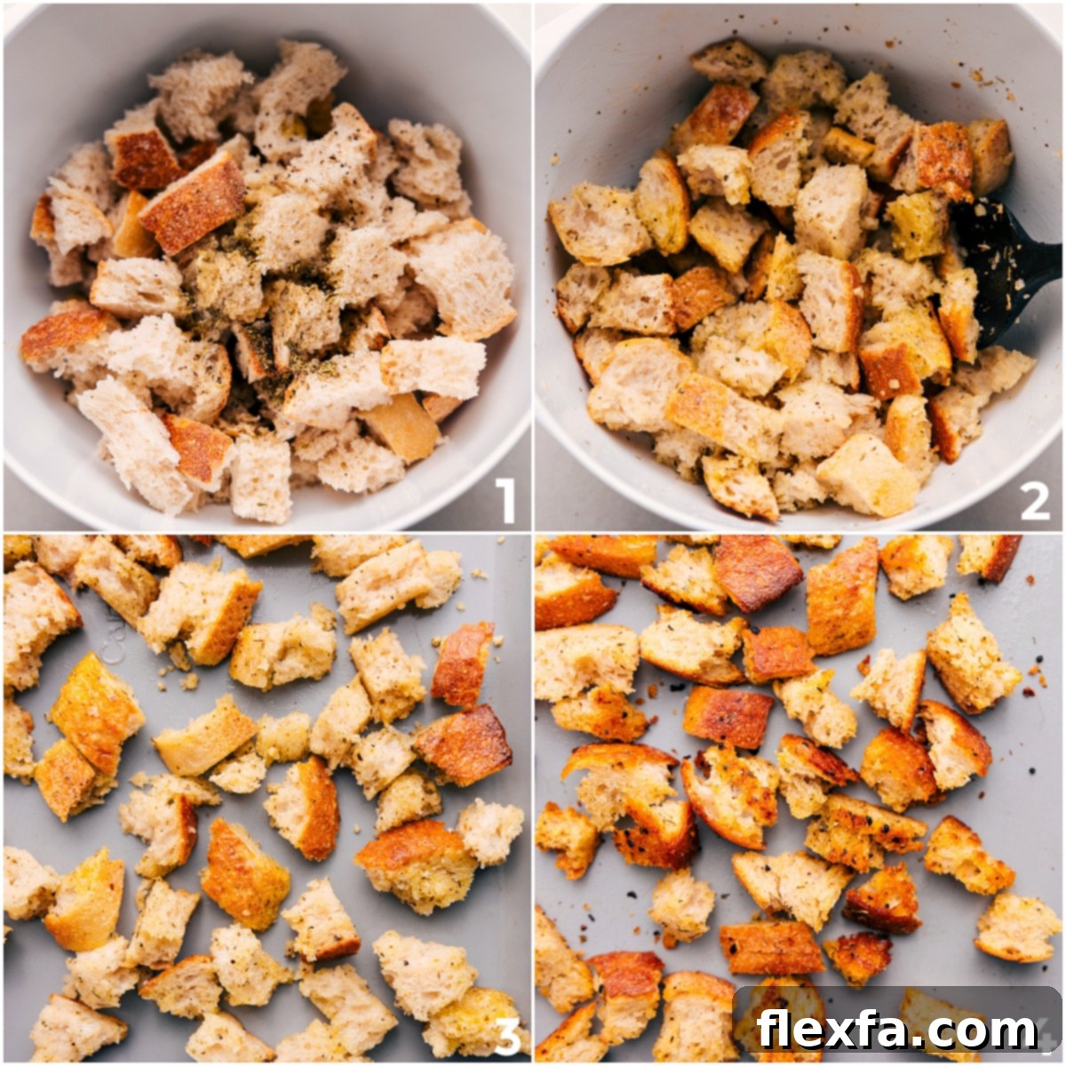 Toss the bread with seasonings, herbs, garlic, oil, and butter, then roast it.