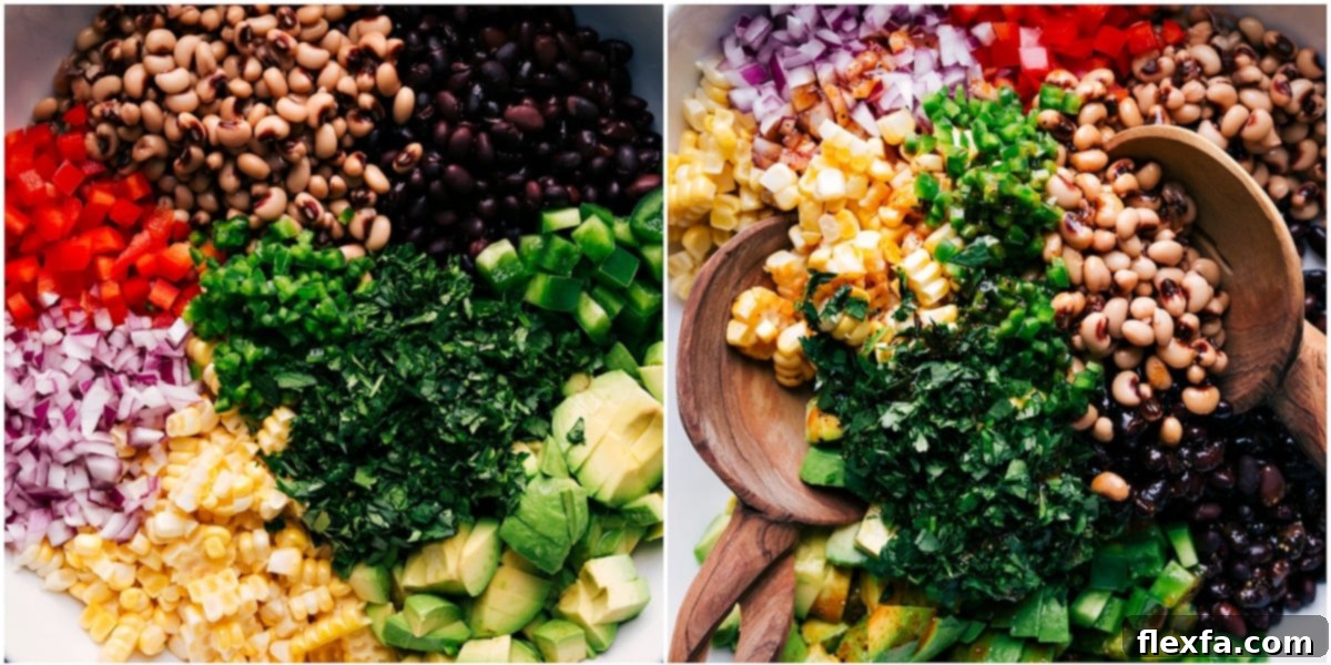 All the ingredients in this recipe prepped in a bowl and it being tossed together.