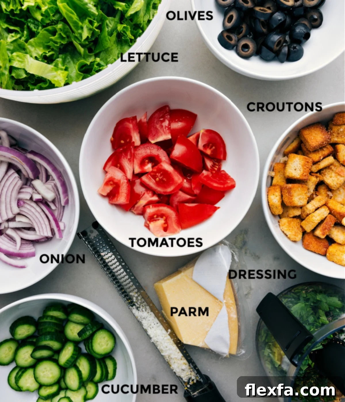All the fresh ingredients for the Italian Salad meticulously prepped and arranged, ready for assembly.