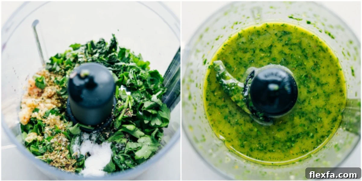 The process of making the homemade Italian dressing, showing fresh herbs and liquids blending.